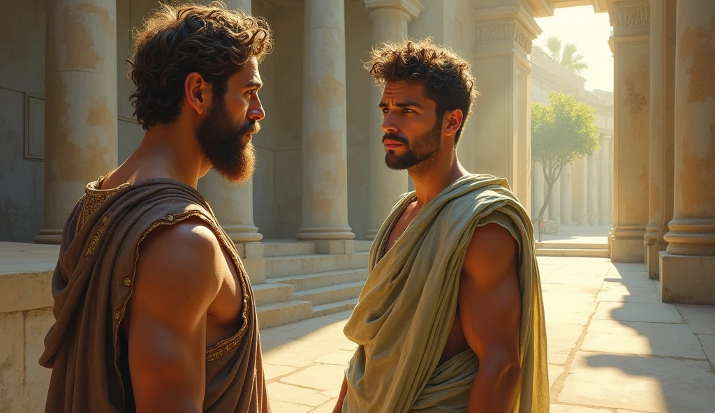 A young, handsome Stoic philosopher with a well-proportioned and attractive physique, sun-kissed skin, very short and well-trimmed beard, and wavy and well-styled hair. He is dressed in classic tunics in soft earthy tones - gray, brown, and olive green - with subtle gold and copper details, which fall gently on his body, subtly revealing his shoulder. He is shown in a brighter, more open Roman space, perhaps a garden or an open forum, confronting a symbolic representation of the truth, such as a clear mirror or a revealing scroll. His expression is one of realization and resolve, indicating the moment of acceptance and the beginning of emotional healing. The environment is filled with natural light, warm colors, and symbols of clarity and truth, highlighting the transformative moment. The scene is painted in an impressionist style, with dramatic brushstrokes capturing clear, warm light and a hopeful atmosphere to represent the philosopher's journey toward healing.