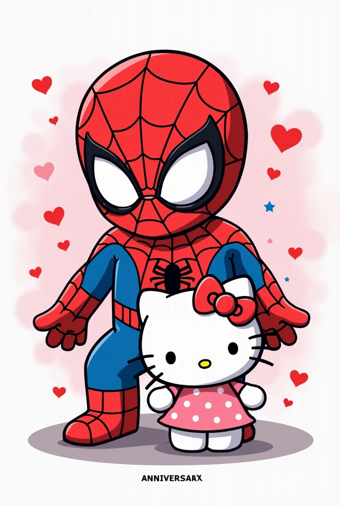 Hello SeaArt! I would love for you to help me create a custom design for a t-shirt.. I want the front to feature Spiderman and Hello Kitty together in a fun cartoon style. On the bottom, I would like you to include our anniversary date: October 29th. For the sleeves, I would like Spiderman webs on one and a pink bow with white polka dots on the other.. The main colors would be the classic ones of each character. Could you please create the image in PNG format with transparent background?? Thank you so much!"