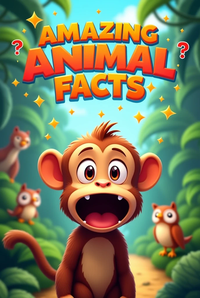 Create an animated YouTube thumbnail (1280 x 720) for “Amazing Animal Facts You Won’t Believe.”

Main Focus: A cartoon animal (e.g., surprised monkey, wide-eyed owl).
Background: Colorful jungle or safari scene.
Text: Bold, playful “Amazing Animal Facts” and “You Won’t Believe!”.
Extras: Add animated sparkles, question marks, and small animal illustrations
