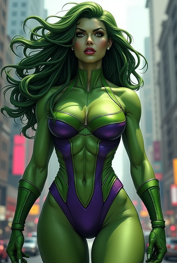 (giantess art:1.5, size art:1.5), SheHulk, breautiful green skin, hyper muscular, looming over New York City,comic book style,heroics, cityscape,skyscrapers,,newspaper headlines,crowded streets,vibrant colors,nighttime,sharp focus,(best quality,4k,highres:1.2),detailed city lights,urban landscape,heroic costume,,windswept hair,determined expression,high vantage point,exciting action,contrast shadows,vivid sunset.