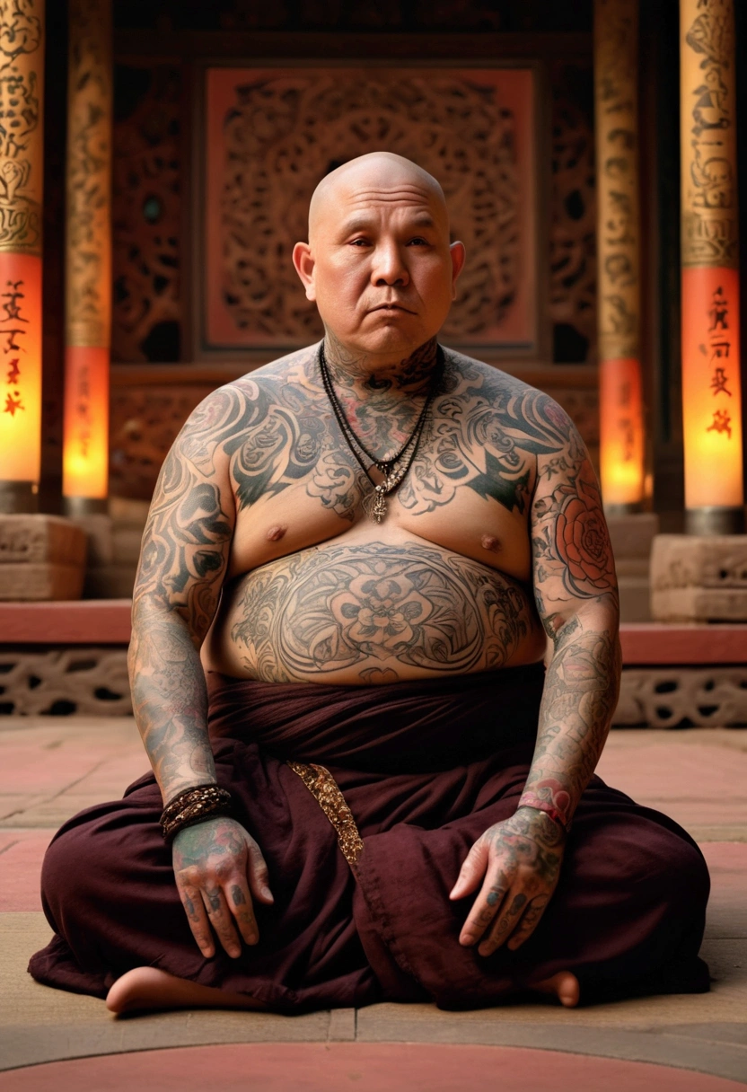 a fat monk , covered in tattoos all over his body, intricate tattoos, detailed tattoos, detailed body, 1 man, old-aged man, bald head, wrinkled skin, serene expression, sitting cross-legged, meditation pose, ornate temple background, warm lighting, rich colors, cinematic lighting, dramatic lighting, (best quality,4k,8k,highres,masterpiece:1.2),ultra-detailed,(realistic,photorealistic,photo-realistic:1.37)