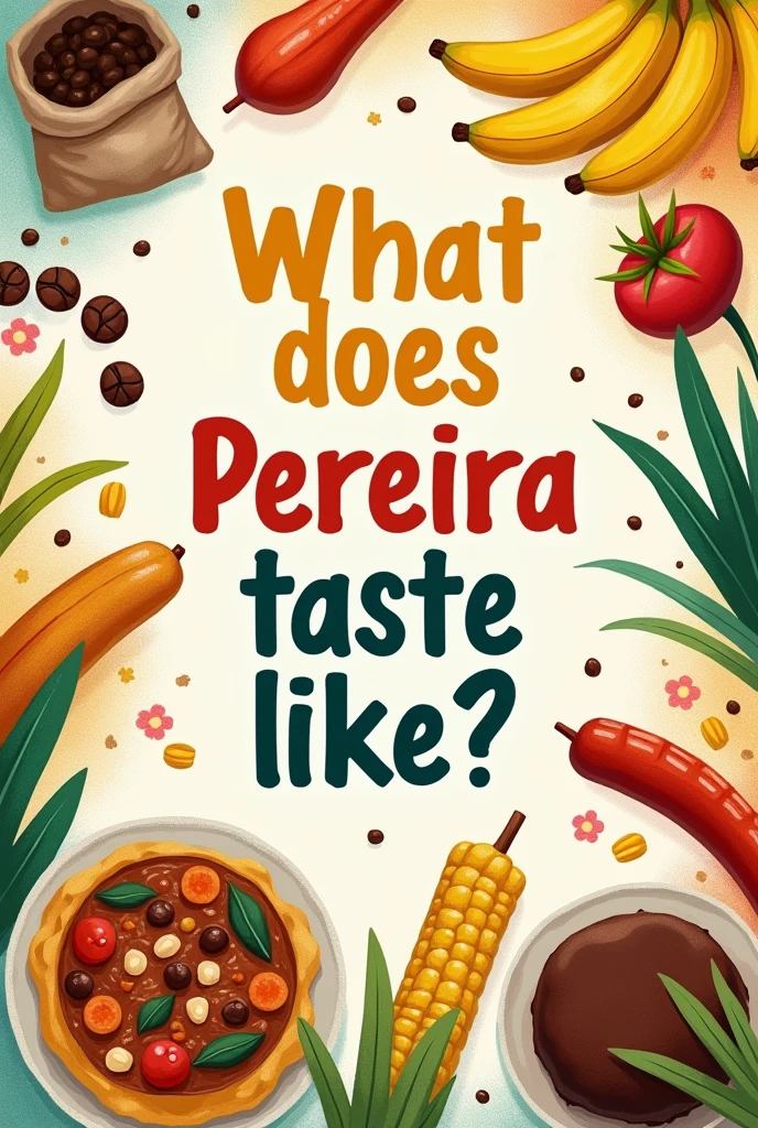 Create a sign that says "What does Pereira taste like? On the poster some of the following typical foods from the city of Pereira, como una planta de often, a coffee plant or a sack of coffee, a bunch of banana, patacones with stew, sugar cane, often, chorizos with arepa, chocolate arepa. This poster will be presented to preschool children.