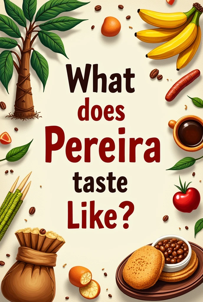 Create a sign that says "What does Pereira taste like? On the poster some of the following typical foods from the city of Pereira, como una planta de often, a coffee plant or a sack of coffee, a bunch of banana, patacones with stew, sugar cane, often, chorizos with arepa, chocolate arepa. This poster will be presented to preschool children.