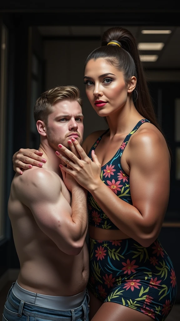 ( tall fitness woman Chloe Kardashian strong woman hands )(woman hands holding at neck of shorter man head at her neck level from behind )(standing whole body tall comparison) (very different tall heights)(wearing office manager )(close to windows ) . High resolution. 8K, very high definition,real people captured camera ., photo