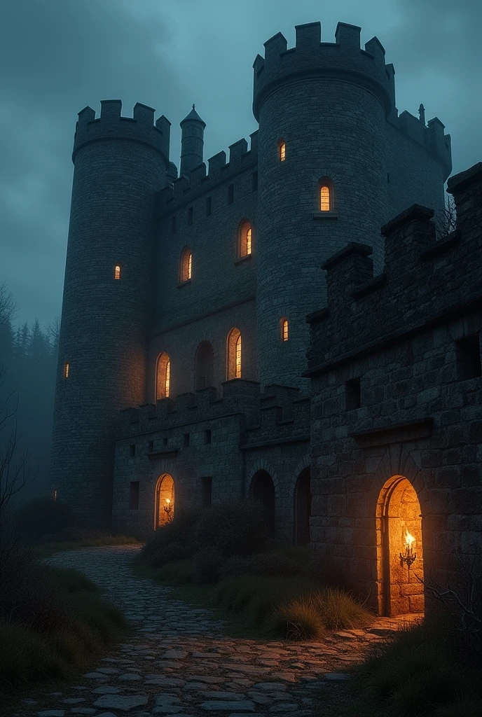Create a background image like an old castle with torches near the windows