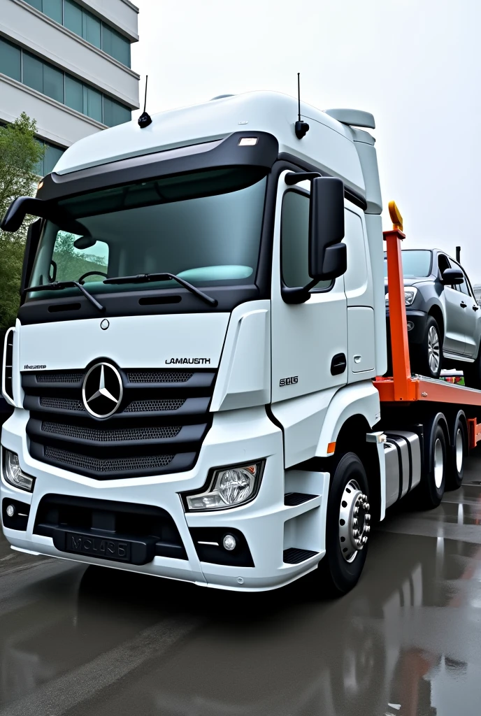 Vehicle towing service, white Mercedes Benz truck with ramp