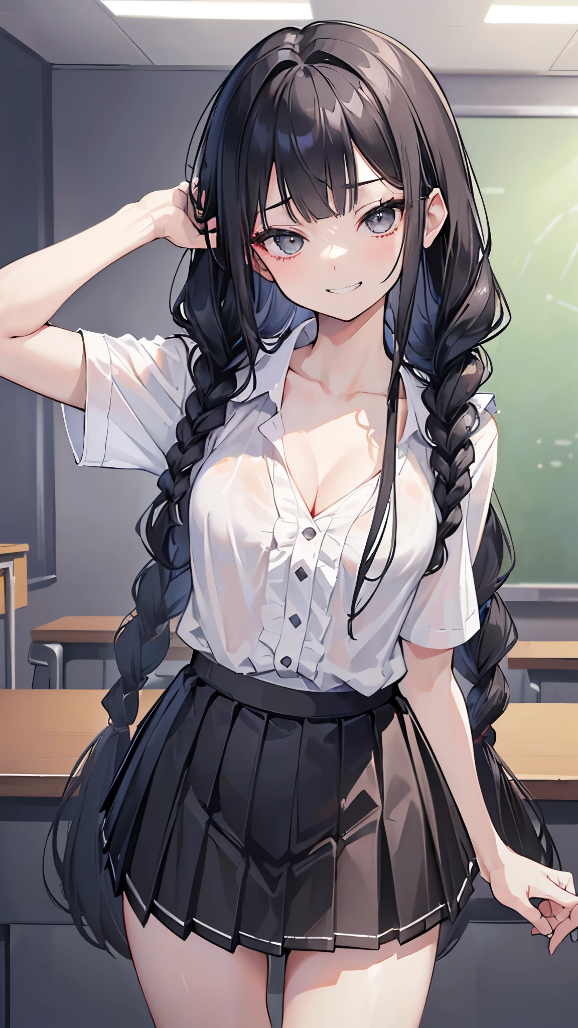 ((masterpiece、Highest quality、Very detailed))、One person、Black Hair、Long Hair、twin braids、blunt bangs、Grey Eyes、evil smile、((Grin))、Small breasts、((clavicle))、((cleavage))、((White collared shirt))、Short sleeve、((Black pleated skirt))、((micro miniskirt))、Cowboy Shot、((bent over))、arms behind back、Classroom Background