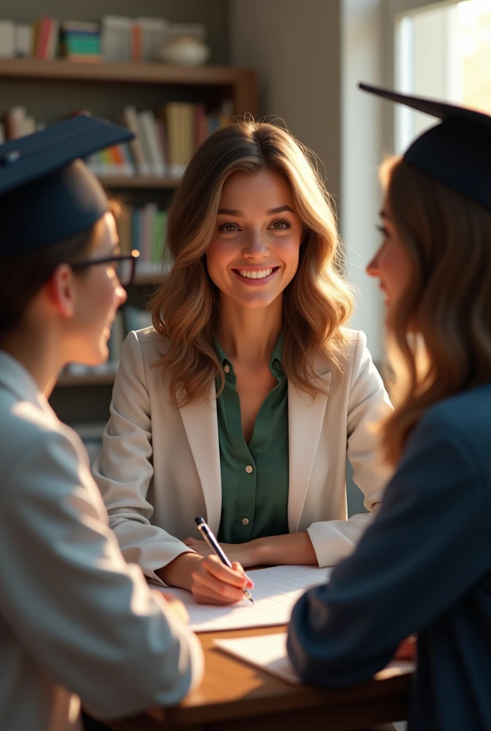Create a photo of a teacher and two students, one in a physics uniform and one in a mortarboard, women with wavy hair 

