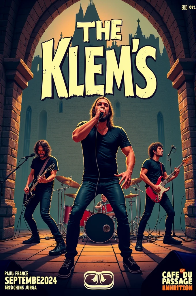 Créer une affiche moderne pour un concert d’un chanteur, un drummer, un bassiste, deux guitaristes. dans un style rock réaliste château Henri 4. pour le band « The Klem’s ». Date le 06/09/24 à 20h au café du passage Carnot à Pau.