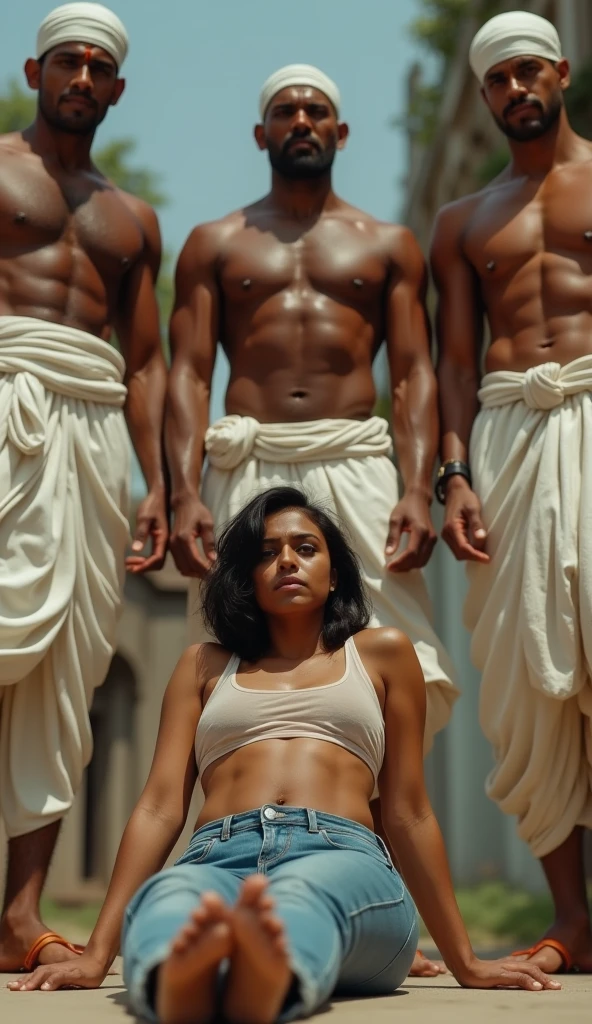 India girl, short hair, no blouse, tight jeans, transparent crop top, lying down, standing beneath 4 strong men topless in white caps and lungi