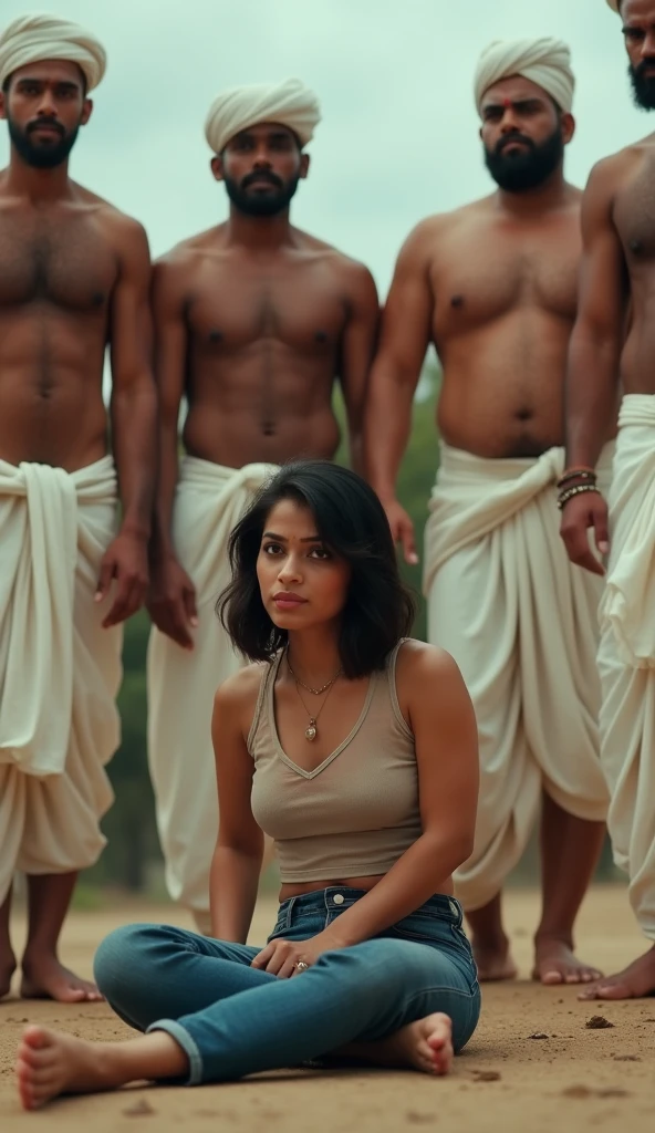India girl, short hair, no blouse, tight jeans, transparent crop top, lying down, standing beneath 4 strong men topless in white caps and lungi