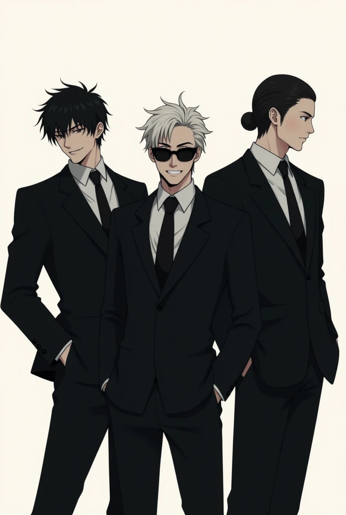 Three elegant and mysterious looking male characters, dressed in formal black suits that contrast strongly with the light background. Each of them has their hands in their pockets., projecting a relaxed yet imposing attitude. The character on the left has dark, messy hair, with a mischievous smile on his face. The one in the center wears dark glasses and disheveled white hair., showing a confident and carefree expression. The character on the right has her hair tied back in a bun., with a calm and controlled expression. The style is minimalist, using solid black shadows for their outfits and highlighting only the essential features of each character, transmitting elegance and power.