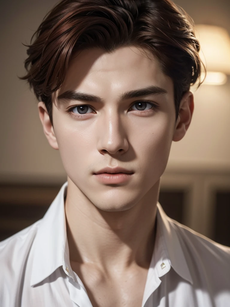 (absurdres, highres, ultra detailed, Ultra HD), Portrait of a very handsome boy, (wearing a red colour silk open shirt), red hair, Moican haircut, golden ratio, (high detailed skin:1.2), 8k uhd, dslr, soft lighting, high quality, film grain, Fujifilm XT3, professional lighting, handsome 1man , (thin lips:1.3), masterpiece, pale skin,(strong jaw:1), white skin, extremely pale skin, smooth skin, fair skin, white skin, pale skin, beautiful, gorgeous, wet, mature, perfect eyes, sexy gaze, looking at the viewers romantically, redhead boy, european boy, handsome supermodel, greek profile, young greek god, sublime beauty, delicate facial features, detailed face, perfect facial features, beautiful facial features, Greek face, strong jaw, attractive boy, focus on the boy, anatomical perfection, inematographic light, ultra detailed, hyper realistic, strong jaw, beautiful eyes, award winning (portrait photo:1. 4), high quality, hyper realistic, 4k, realistic, backlighting, (shallow depth of field:1. 5), by lee jeffries nikon d850 film stock photograph 4 kodak portra 400 camera f1. 6 lens rich colors hyper realistic lifelike texture dramatic lighting unreal engine trending on artstation cinestill 800 (vignette:1. 3), filmgrain, artistic photography, perfect composition, beautiful detailed, cinematic perfect light