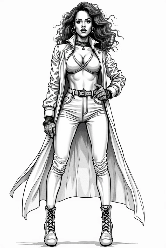Create an image of the singer Rihanna in drawing format with lines and shadows, wearing a beautiful outfit.