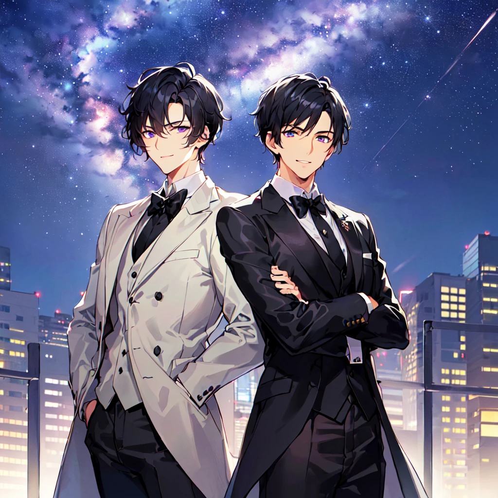 masterpiece,best quality,high quality,(2 men austere handsome two adults age 30 years old:1.5), purple eyes, cool with suspended eyes, V-shaped eyebrows, body strong and fearless 8.5 head tall, height 185cm, (well-groomed black short hair:1.4), (bangs parted into 7 thirds) 1.4), slender nose, facial muscles, throat, (black suit black tie black pants:1.3), (standing:1.3), (stylish pose), (cool smile:1.3), (background skyscraper roof:1.3) , (Milky Way Night Sky:1.3) , (upper body:1.3)