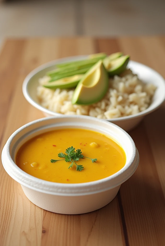 (photorealism:1.2), Styrofoam bowl with yellow soup and a portion of chicken , Next to it a separate styrofoam plate with rice and a portion of avocado. The two plates are left next to each other.