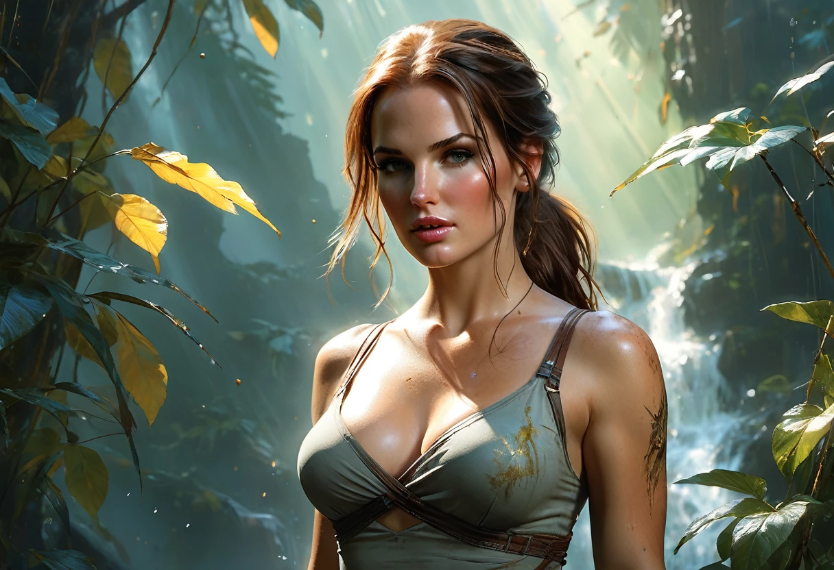 A full figure portrait, beautiful woman Lara Croft lust decolletage, long hair, thron, enchanted aura, ray tracing, subsurface scattering, bokeh, gorgeous fantasy scenery, bright day, Painting by Harrison Fisher and WLOP, Artgerm, Alan Lee, expressive eyes, filigrees, (Carne Griffiths 0.6), (Sienkiewicz 0.4) cinematic lighting, highly detailed full body face and clothing. vibrant, wonderful, very stylish, glamorous, appealing, classy, majestic, stunningly beautiful
