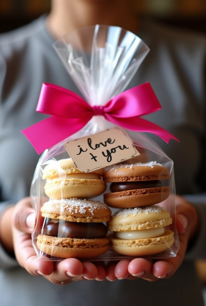 A photo where Allan has a lot of alfajores with lots of arequipe and grated coconut on the sides, put in a transparent bag, tied with a pink bow and a I love you stuck on the bag as a label