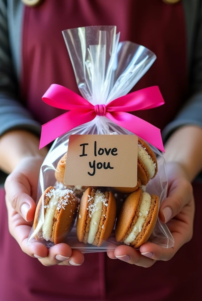 A photo where Allan has a lot of alfajores with lots of arequipe and grated coconut on the sides, put in a transparent bag, tied with a pink bow and a I love you stuck on the bag as a label 