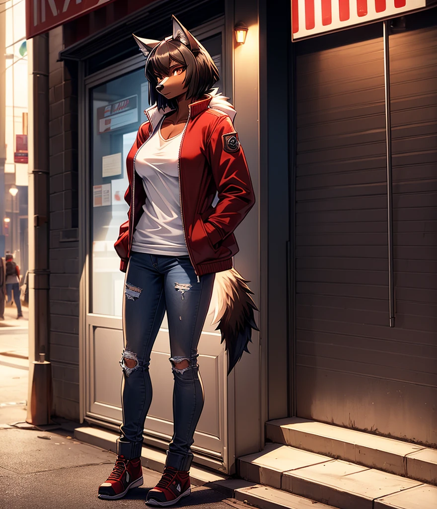 By r-mk, ((Wolf)) (woman) ((brown skin)) standing straight, red cotton jacket, white t-shirt, jeans, black hair, [[serious face]], female eyes, tall woman (furry), (small muscles), 30 years old, [medium size breast], ((cotton jacket)), [[short hair]], detailed face, good anatomy, well illuminated, sidewalk