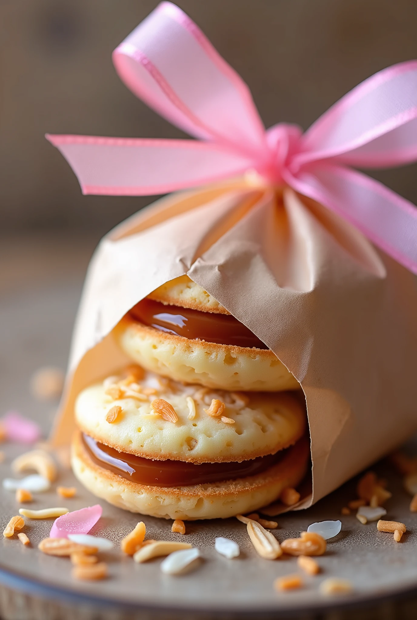 Cornstarch alfajores with lots of caramel and grated coconut placed in a bag with a pink ribbon tied around it