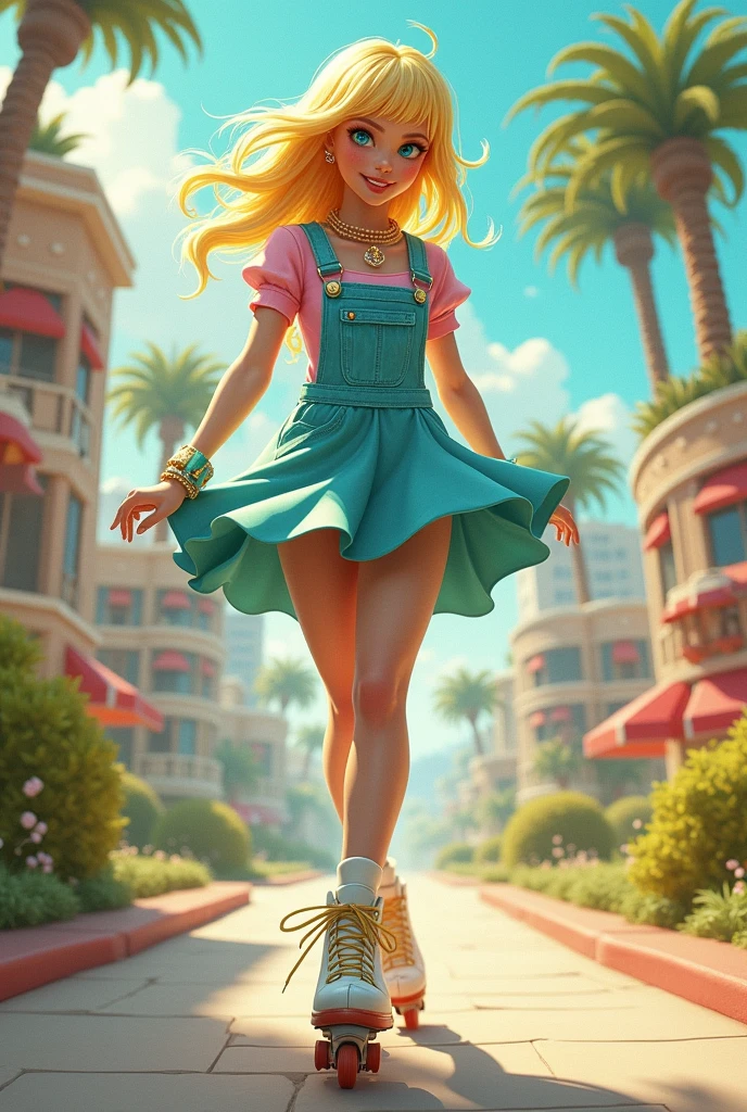 The one with blonde hair with aquamarine highlights likes to wear overalls and skirts and he wears roller skates., she has to be pretty
