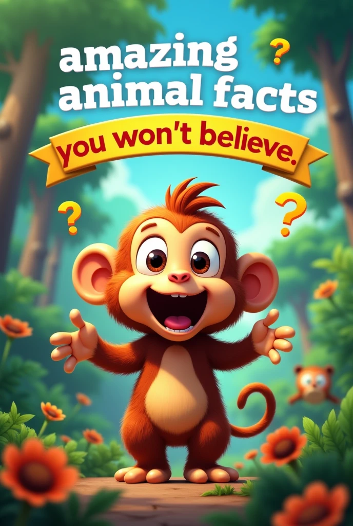 Create an animated YouTube thumbnail must be in landscape for “Amazing Animal Facts You Won’t Believe.”
Main Focus: A cartoon animal (e.g., surprised monkey, wide-eyed owl).
Background: Colorful jungle or safari scene.
Text: Bold, playful “Amazing Animal Facts” and “You Won’t Believe!”.
Extras: Add animated sparkles, question marks, and small animal illustrations