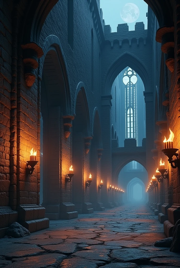 Create a background image like the interior of an old castle with torches near the windows