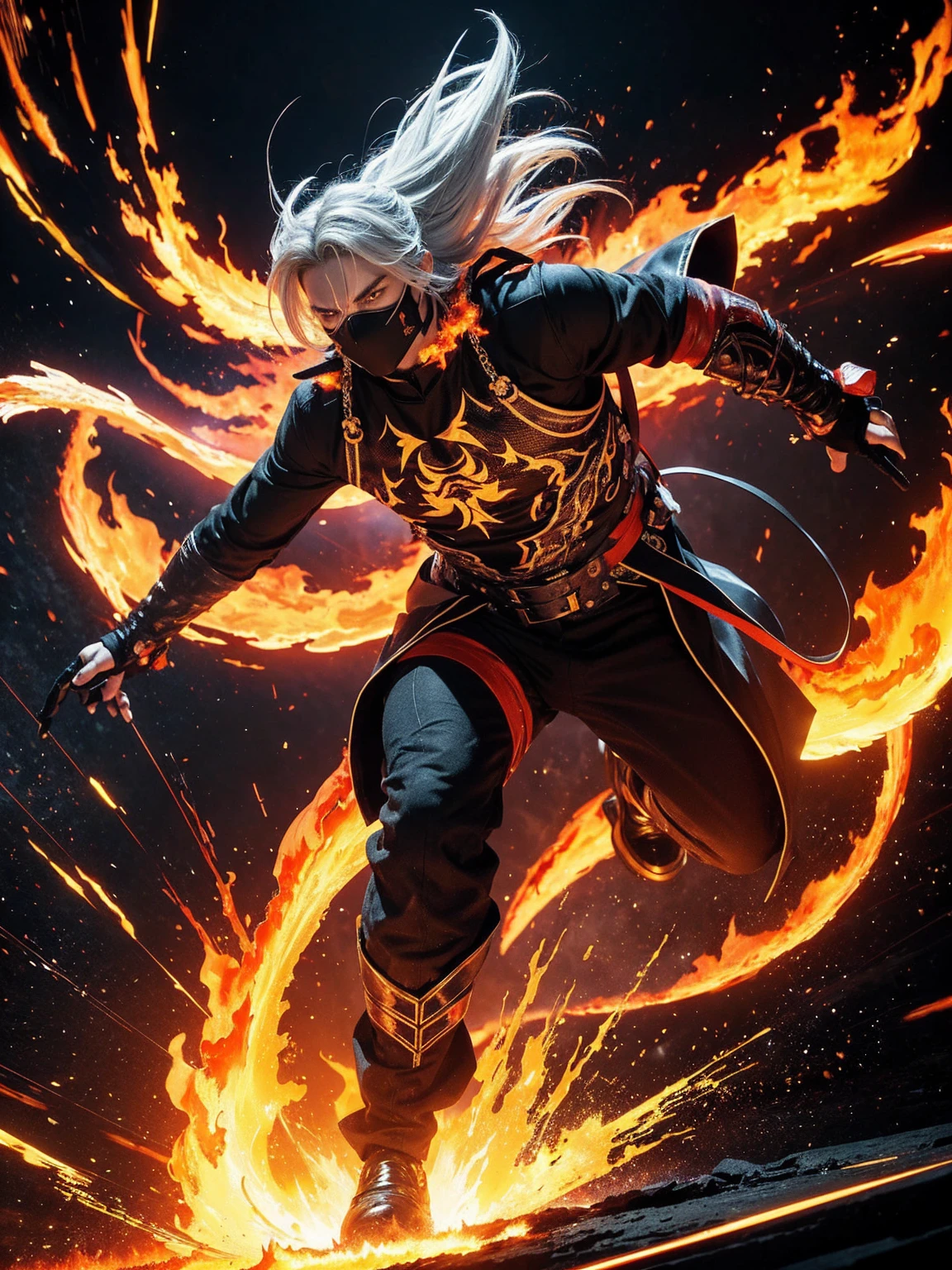 A character with an imposing and energetic appearance, wrapped in intense flames of vibrant colors ranging from orange to purple, creating a feeling of overwhelming power. His hair is white and messy, contrasting with a black mask covering his eyes, giving it an enigmatic and dangerous air. The character wears a dark tunic tied with a ribbon., while his body seems to emanate a fiery energy that distorts into chaotic patterns around him. The lines of fire and energy blend with your figure, highlighting his control over immense forces. The art style is colorful and dynamic, with thick strokes and fluid movements that convey a sense of action and supernatural power
