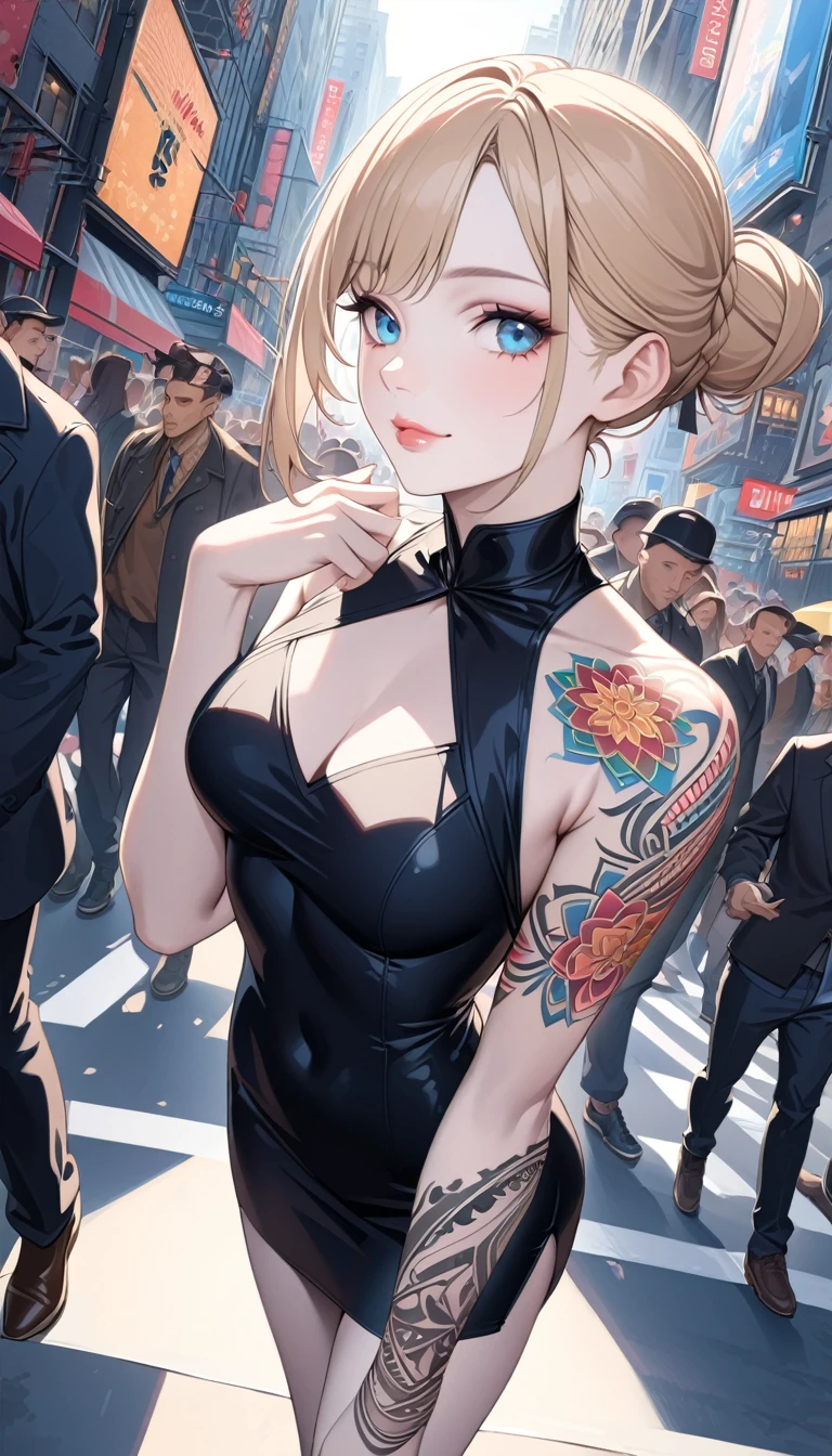 Late 30s woman, Sandy blonde hair in a messy bun, small bust, (colored mandala tattoos:1.37), (wearing a bodycon dress), 1/4 turned away, dynamic catwalk strutting in a crowded NYC street, (wide angle:1.27) (full length portrait), 8k, photorealistic masterpiece, intricately detailed tattoos, (pale white skin), light smile, bright blue eyes, pointed chin, detailed eyes and lips, intricate hands, best hands, perfect hands, human anatomy, correct anatomy 