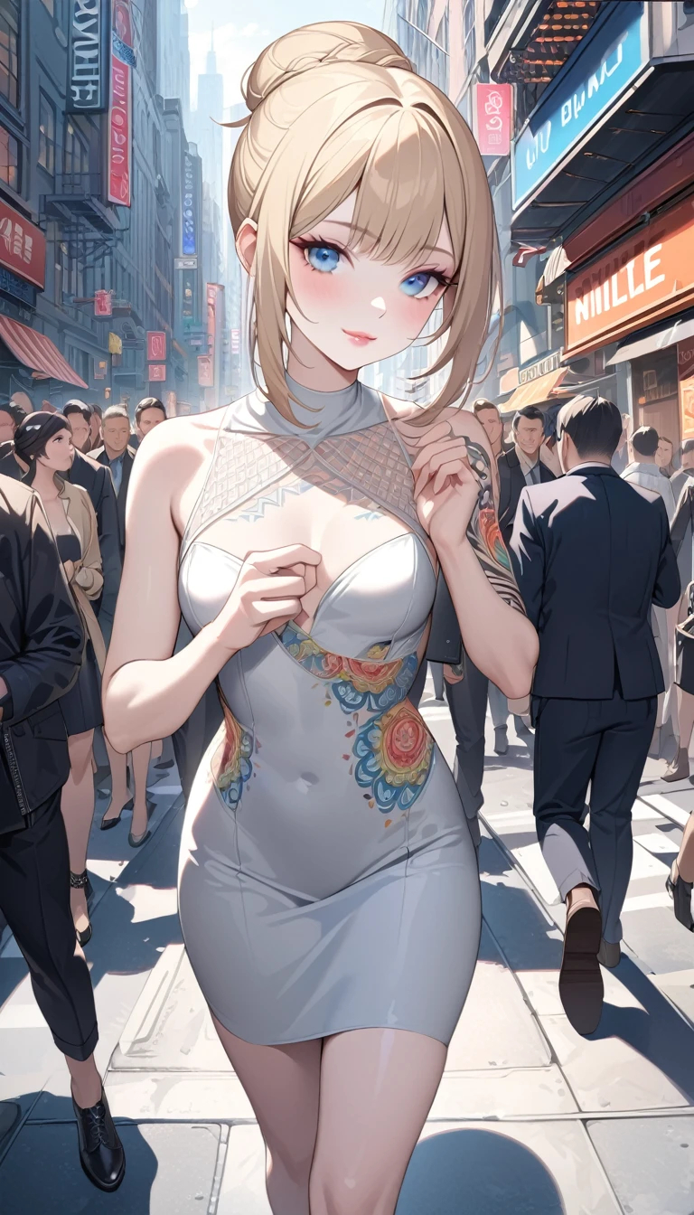 Late 30s woman, Sandy blonde hair in a messy bun, small bust, (colored mandala tattoos:1.37), (wearing a bodycon dress), 1/4 turned away, dynamic catwalk strutting in a crowded NYC street, (wide angle:1.27) (full length portrait), 8k, photorealistic masterpiece, intricately detailed tattoos, (pale white skin), light smile, bright blue eyes, pointed chin, detailed eyes and lips, intricate hands, best hands, perfect hands, human anatomy, correct anatomy