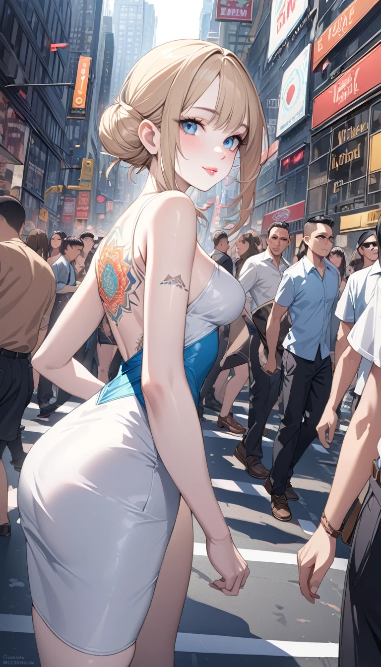 Late 30s woman, Sandy blonde hair in a messy bun, small bust, (colored mandala tattoos:1.37), (wearing a bodycon dress), 1/4 turned away, dynamic catwalk strutting in a crowded NYC street, (wide angle:1.27) (full length portrait), 8k, photorealistic masterpiece, intricately detailed tattoos, (pale white skin), light smile, bright blue eyes, pointed chin, detailed eyes and lips, intricate hands, best hands, perfect hands, human anatomy, correct anatomy 