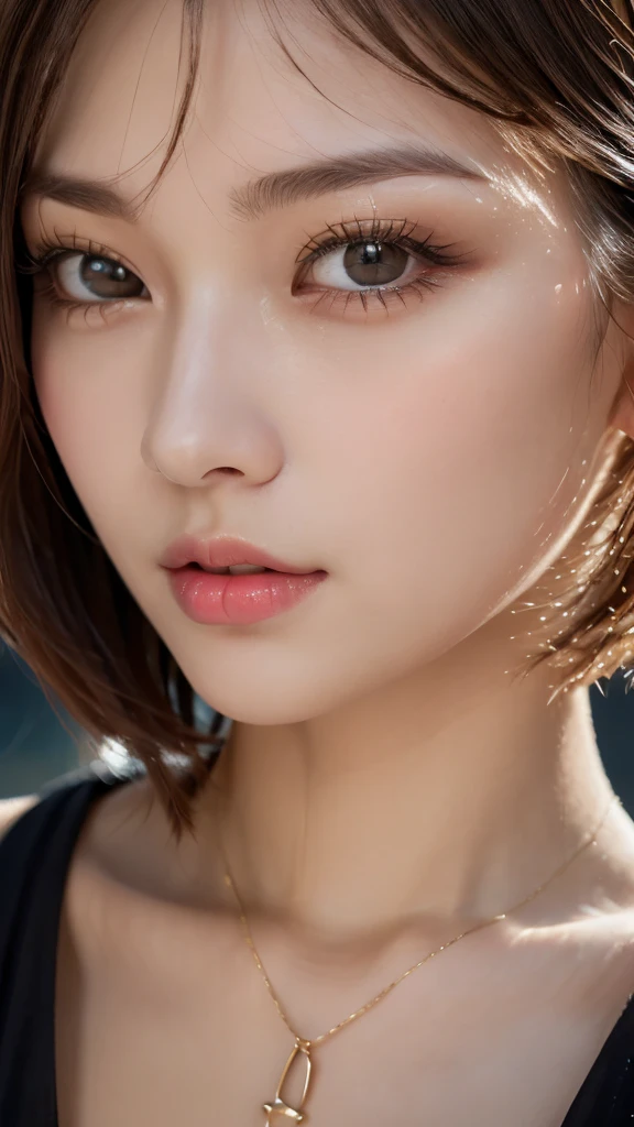 (Photorealistic, 32k, RAW photo, best quality:1.4), (masterpiece:1.3), (ultra high resolution, ultra realistic, highly detailed, golden ratio, ultra detailed), 1 beautiful woman, natural makeup, intricate cloth texture, finely detailed hair texture, beautiful full-body, perfect female form, anatomically accurate, highly detailed face and skin, (elegant hands), (realistic skin), (beautiful pale skin:1.1), (face on focus, extreme close-up:2.0), (Oversized Breasts), (Wearing Blue Halter-top:1.5), (Earrings, Pendant), 
BREAK,
realistic eyes, captivating detailed eyes, symmetric eyes, light brown eyes, double eyelids, thin eyebrows, (glossy lips:1.4), (face waiting for kiss, blush:1.3), 
BREAK,
((short bob cut, dark brown hair, bangs:1.2)), (Moonlit night, terrace:1.3)