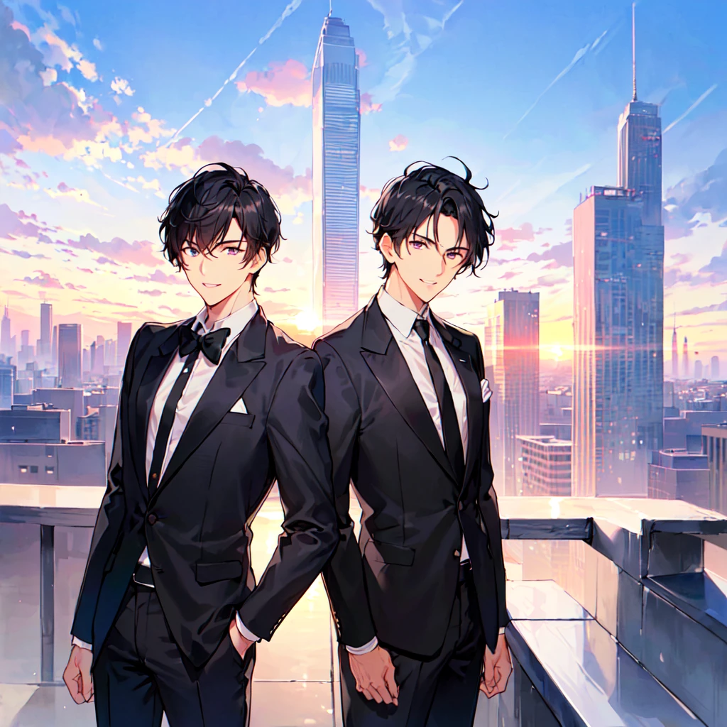 masterpiece,best quality,high quality,(2 men austere handsome two adults age 30 years old:1.5), purple eyes, cool with suspended eyes, V-shaped eyebrows, body strong and fearless 8.5 head tall, height 185cm, (well-groomed black short hair:1.4), (bangs parted into 7 thirds) 1.4), slender nose, facial muscles, throat, (black suit black tie black pants:1.3), (standing:1.3), (stylish pose), (cool smile:1.3), (background skyscraper roof:1.3) , (sunset:1.3) , (upper body:1.3)