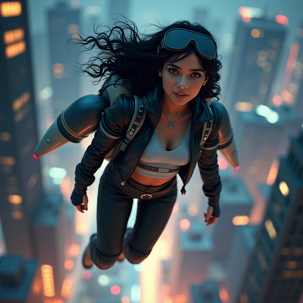 realistic photo of a (pretty girl, 20 years old, brunette, black eyes) flaying with a jetpack at her back with a kid-sized capsule atached at right side, (full lips) , ((perfect face)), [[mild smile]], proportionate body,mixed herritage, beautyfull, beautyfull face, tanned skin, two arms, two legs, five fingers by hand, full body, (softly curly black long hair but non-afro), girl flaying with a self-propeled bakcpack at her back, jet-backpack, kid-sized capsule atached at right side of the jetpack, jetpack have a kid-sized capsule atached at its right side, reinforced pants, jacket, goggles, superhero pose, girl flying over a cyberpunk city using a jetpack, night, modern buildings, photo taken from back
