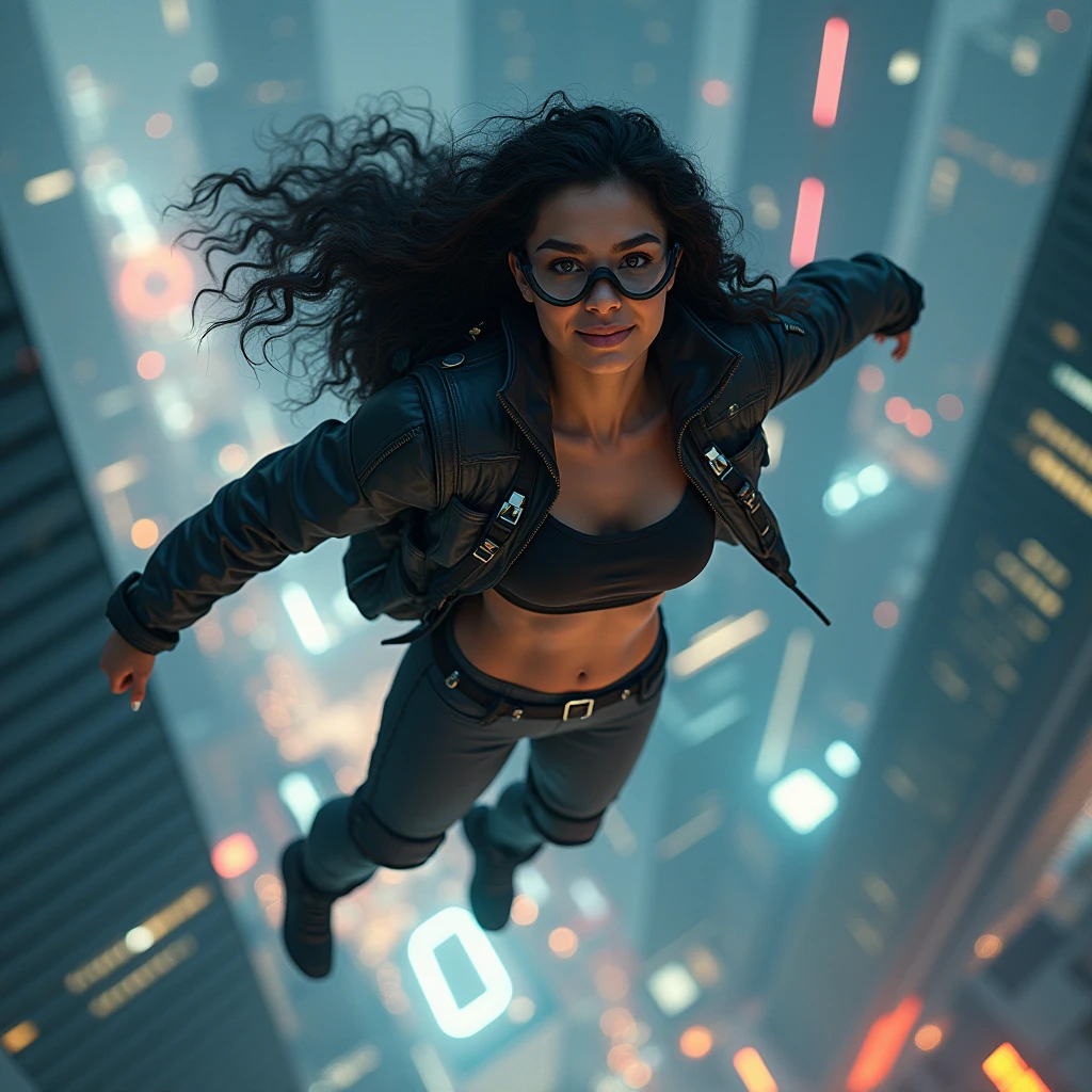 realistic photo of a (pretty girl, 20 years old, brunette, black eyes) flaying with a jetpack at her back with a kid-sized capsule atached at right side, (full lips) , ((perfect face)), [[mild smile]], proportionate body,mixed herritage, beautyfull, beautyfull face, tanned skin, two arms, two legs, five fingers by hand, full body, (softly curly black long hair but non-afro), girl flaying with a self-propeled bakcpack at her back, jet-backpack, ???-sized capsule atached at right side of the jetpack, jetpack have a kid-sized capsule atached at its right side, reinforced pants, jacket, goggles, superhero pose, girl flying over a cyberpunk city using a jetpack, night, modern buildings, photo taken from back
