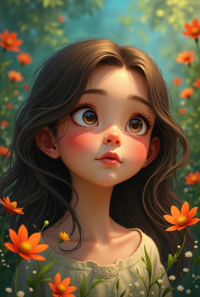Corita, a girl with brown hair and big eyes, he is with his eyes closed, Breathing deeply while imagining yourself in a colorful garden.