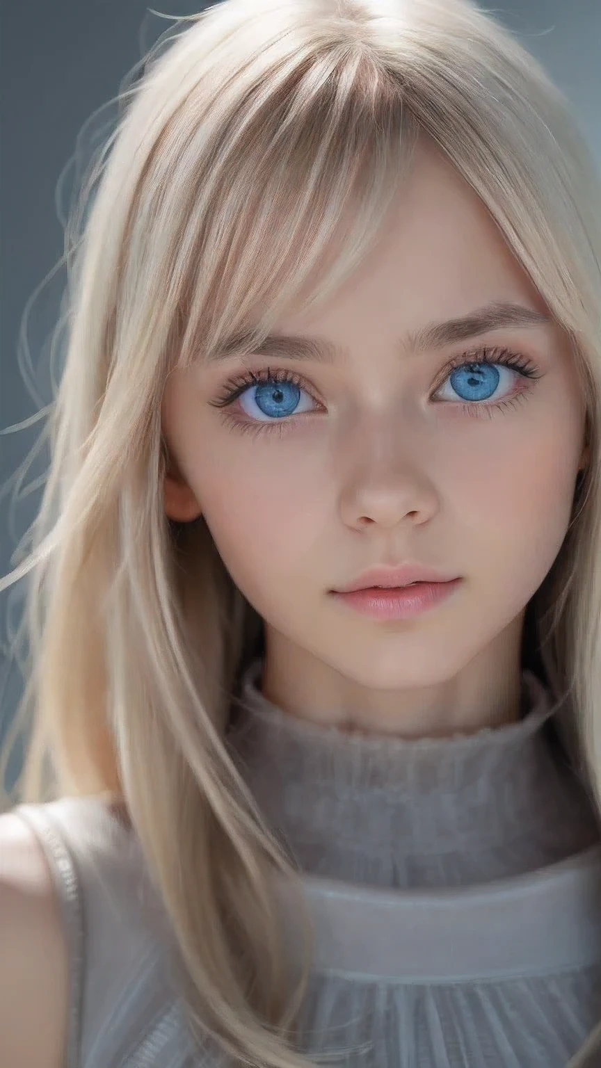 Highest quality、8K masterpiece、Ultra-high resolution、(Realistic:1.3)、RAW Photos、 A stunningly beautiful girl with shining blonde Scandinavian descent、Silvery blonde hair、Super long straight hair、Bangs between the eyes、Bangs that fall over the eyes、Bangs over one eye、Bangs between the eyes、Incredibly white, glowing skin、1. Cyberpunk Super Beautiful Soldier、((Ultra-Realistic Details))、Portraiture、Global Illumination、Shadow Realm、Octane Rendering、8k、Ultra Sharp、metals、Cool colors、、Very intricate details、Realistic Light、Trends of the CG Association、Very beautiful big bright blue eyes、Very big eyes、Eyes shining at the camera、Neon Details、Small Face Beauty、Round face、Highlights of cheek luster、eyeliner、Double eyelids