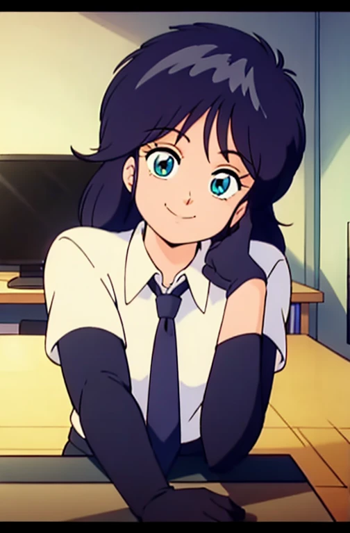 masterpiece, Highest quality, Twitch-chan, Hair Clip, hair ornaments, Collared shirt, No sleeve, tie, gloves, sitting behind a desk, View your viewers, smile, wave hands, bedroom, bed, computer mouse, keyboard