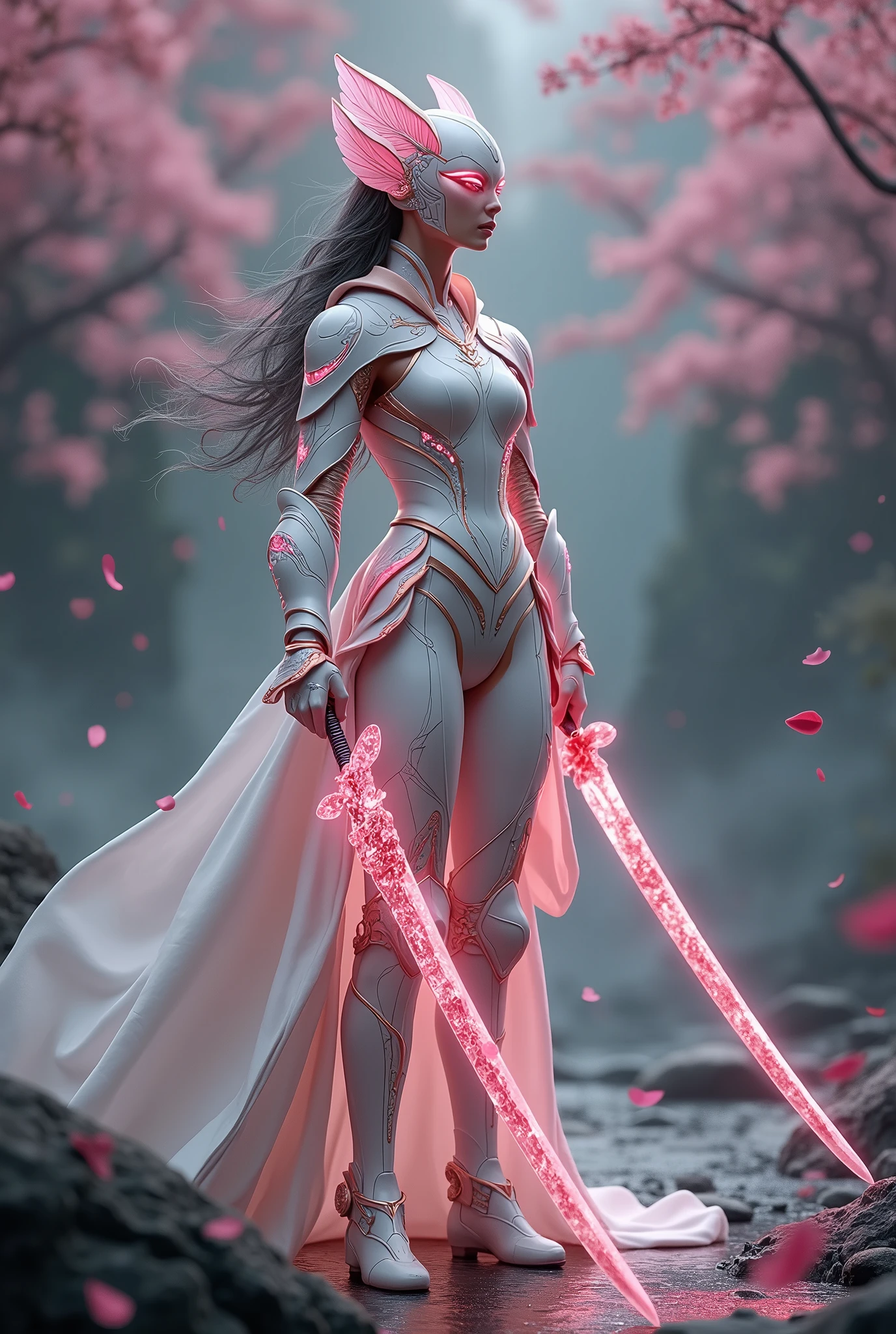 Sakurianas Warrior with the Sakura SwordThe tall, elegant warrior from the Sakurianas species is a vision of grace and power. She wears a unique armor made from a material that appears as delicate as Sakura petals but is 100 times stronger than diamond. The armor has a shimmering pink and white color scheme, resembling the natural hues of cherry blossoms. Intricate patterns of blooming Sakura flowers adorn the chest plate and shoulder guards, giving the armor an organic and fluid appearance. Her helmet, with a visor shaped like overlapping petals, completes the look, fitting perfectly to her form. Glowing pink veins of energy run through the armor, reflecting the regenerative and powerful nature of the wearer.In the warrior's hand is the Sakura Sword. This sword features a long, slightly curved blade forged from a pink metallic material that softly glows with a delicate aura. The blade is engraved with subtle designs of Sakura branches, which shimmer in shades of pink and gold as light hits it. The hilt is wrapped in pearl-white leather, adorned with rose gold accents, and at the base of the hilt, a small Sakura flower carved from rose quartz adds a final touch of elegance. The minimalist guard of the sword, decorated with small pink crystals, echoes the delicate branches of a cherry blossom tree.