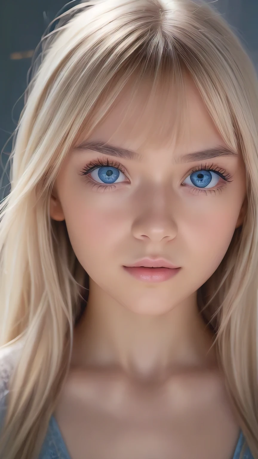 Highest quality、8K masterpiece、Ultra-high resolution、(Realistic:1.3)、RAW Photos、 A stunningly beautiful girl with shining blonde Scandinavian descent、Silvery blonde hair、Super long straight hair、Bangs between the eyes、Bangs that fall over the eyes、Bangs over one eye、Bangs between the eyes、Incredibly white, glowing skin、1. Cyberpunk Super Beautiful Soldier、((Ultra-Realistic Details))、Portraiture、Global Illumination、Shadow Realm、Octane Rendering、8k、Ultra Sharp、metals、Cool colors、、Very intricate details、Realistic Light、Trends of the CG Association、Very beautiful big bright blue eyes、Very big eyes、Eyes shining at the camera、Neon Details、Small Face Beauty、Round face、Highlights of cheek luster、eyeliner、Double eyelids