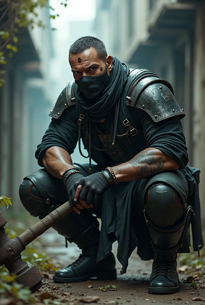 cyberpunk 2077 Man With cyberpunk full armor samurai jacket Leather cybernetic implants in his head and eyes, Serious face, Full mask, with a sledgehammer and several scars, Hairy, dirty Cemetery alley, crouched On the wall