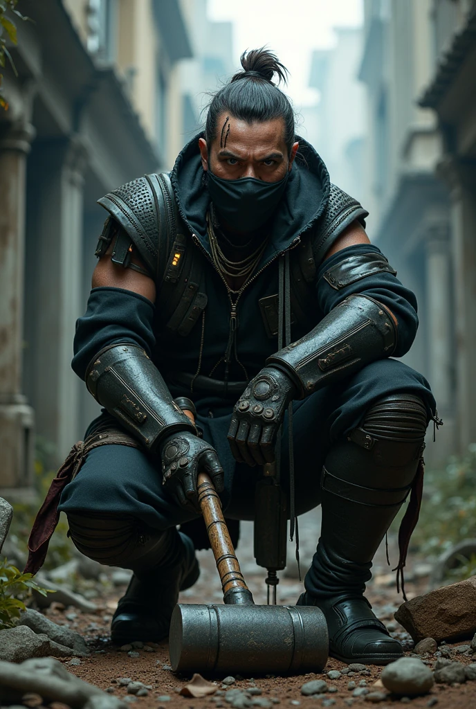 cyberpunk 2077 Man With cyberpunk full armor  samurai jacket Leather cybernetic implants in his head and eyes, Serious face, Full mask, with a sledgehammer and several scars, Hairy, dirty Cemetery alley, crouched On the wall