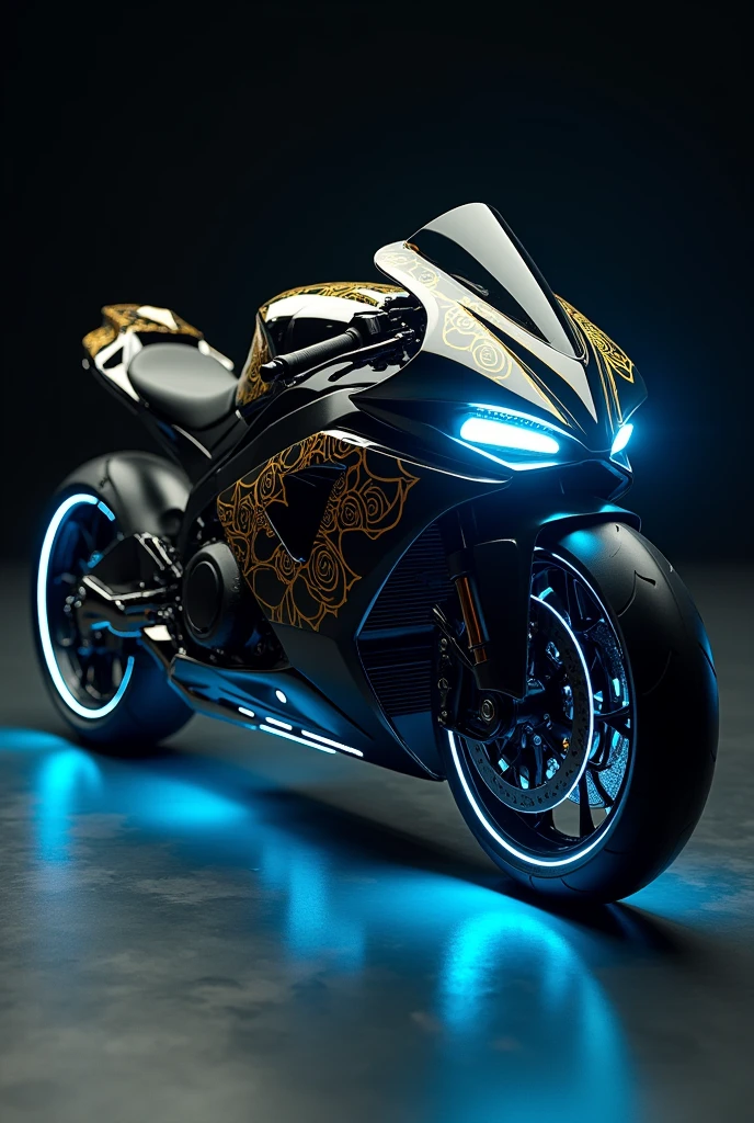 a sleek black h2r with gold accents, ice blue underglow, and striking white lights resembling eyebrows. The gold rose motif and running breakelamp