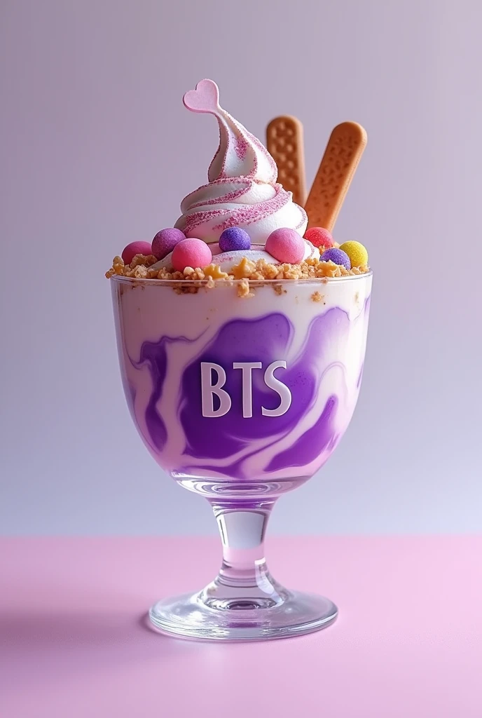 vessel: A translucent glass with the BTS logo in the center, without overloading it with more symbols. The logo will be elegant and subtle, in a purple tone.
sundae: sundae suave con remolinos de colores morados y rosados.
Toppings: Pieces of biscuit or chocolate in the shape of letters "BTS", colored little stars, and small candies that represent iconic elements of the band.