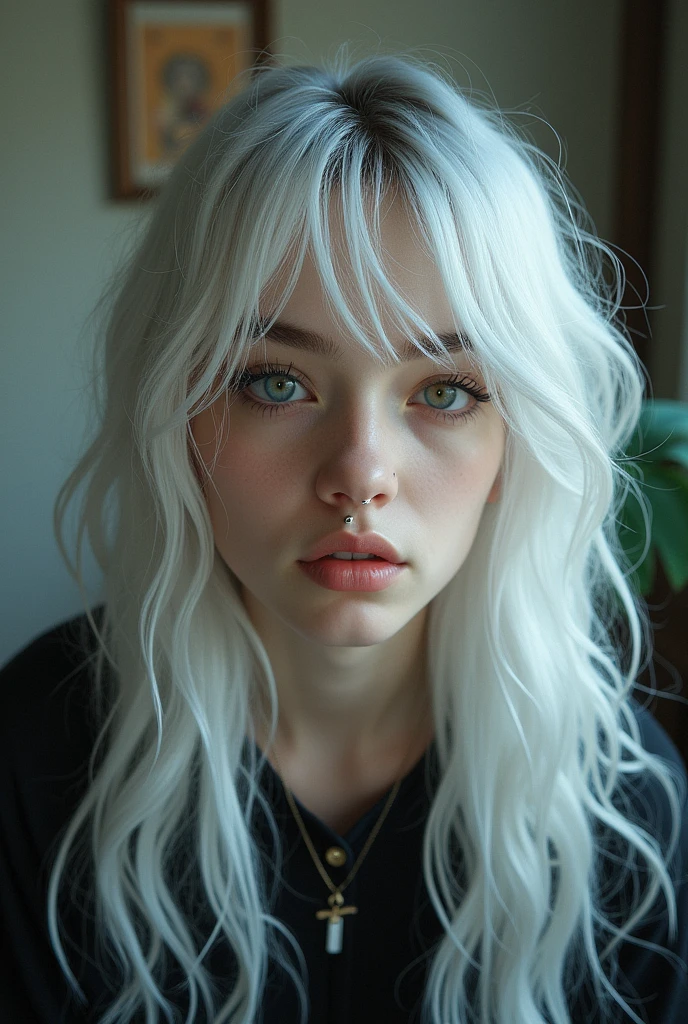 pretty girl, lying on the grass, white hair with some blue curls, the left eye is blue and the right eye is dark blue, with a white button down shirt with a black jacket, The nose is bleeding but a little, and with a serious expression