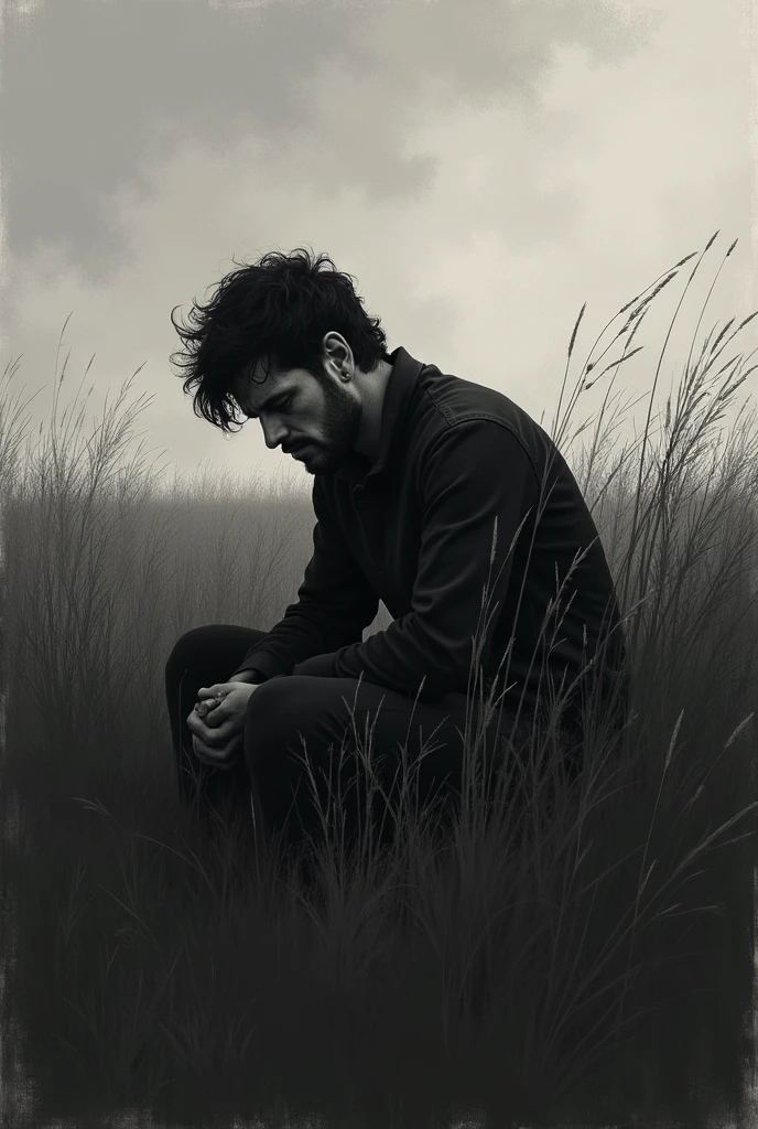 Create me an image of a person crying with a broken heart that is a man but in a dark field in drawing version
