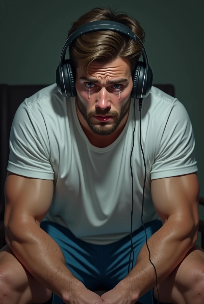 Young man crying, with a beard, white skin, short hair, muscular, dressed in a white t-shirt and blue shorts, listening to music with his headphones.
