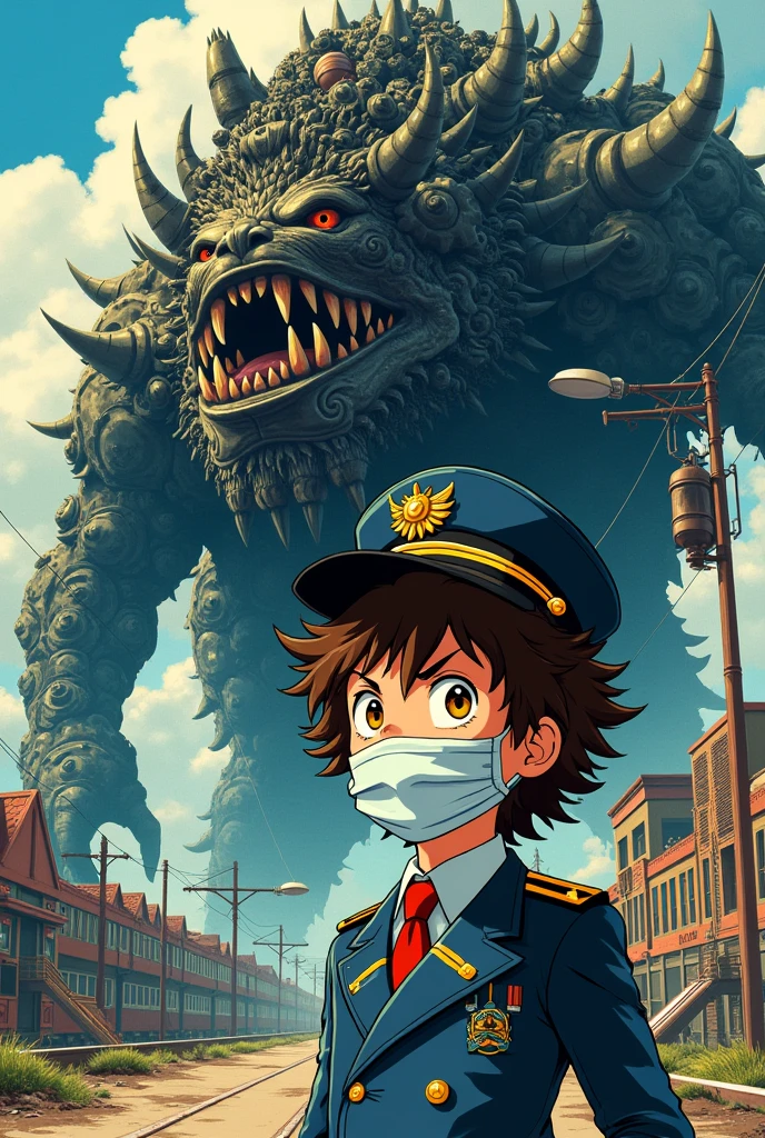 Affiche de style manga avec au premier plan un jeune garçon aux cheveux bruns bouclés et aux yeux jaunes habillé comme un gentleman loyal avec une casquette d'amiral et un masque couvrant la moitié gauche de son visage Et en arrière-plan un énorme monstre terrifiant fait de pièces de train