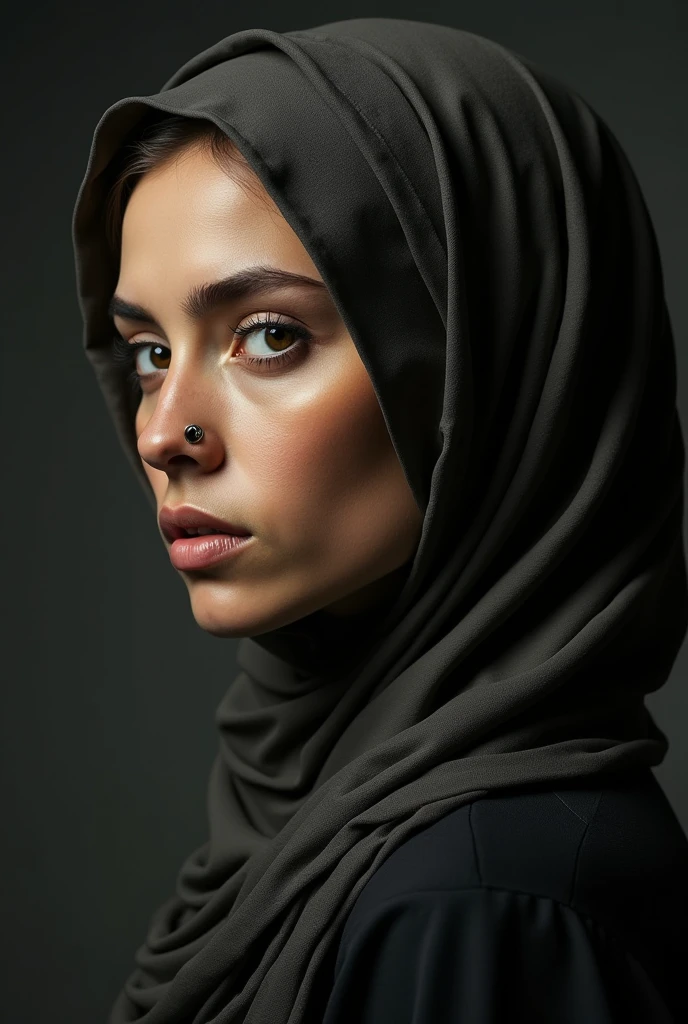 Photo of a serious woman with headscarves and a piercing gaze in profile